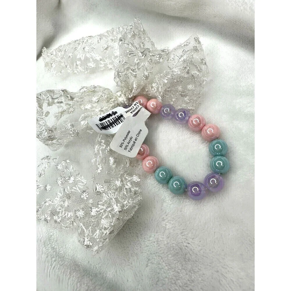 NEW Free People Bracelet Multicolor Beaded White Lace Bow Colorful Dainty Beach